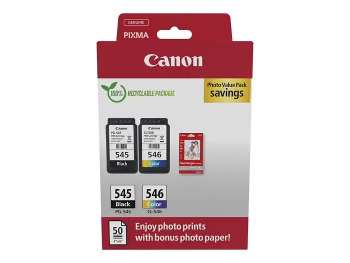 Canon PG-545 (1x8 ml) + CL-546 (1x8 ml) + 50 lap GP501 10x15 fényes fotópapír Multipack